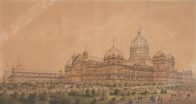 Das Ausstellungsgebäude Melbourne 1880, die Südwestansicht der Haupthalle von Joseph Reed